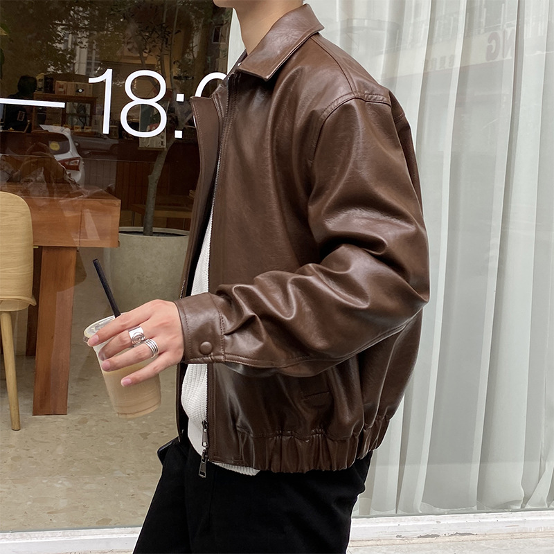 Boyfriend Style Short Small Leather Jacket Korean Handsome Motorcycle Jacket Coat PU Leather Elegant Top Trendy
