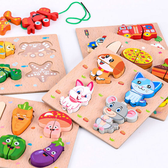 Wooden building blocks, cut and string rope three-dimensional jigsaw puzzle 0.2kg children's early education puzzle threading puzzle toy