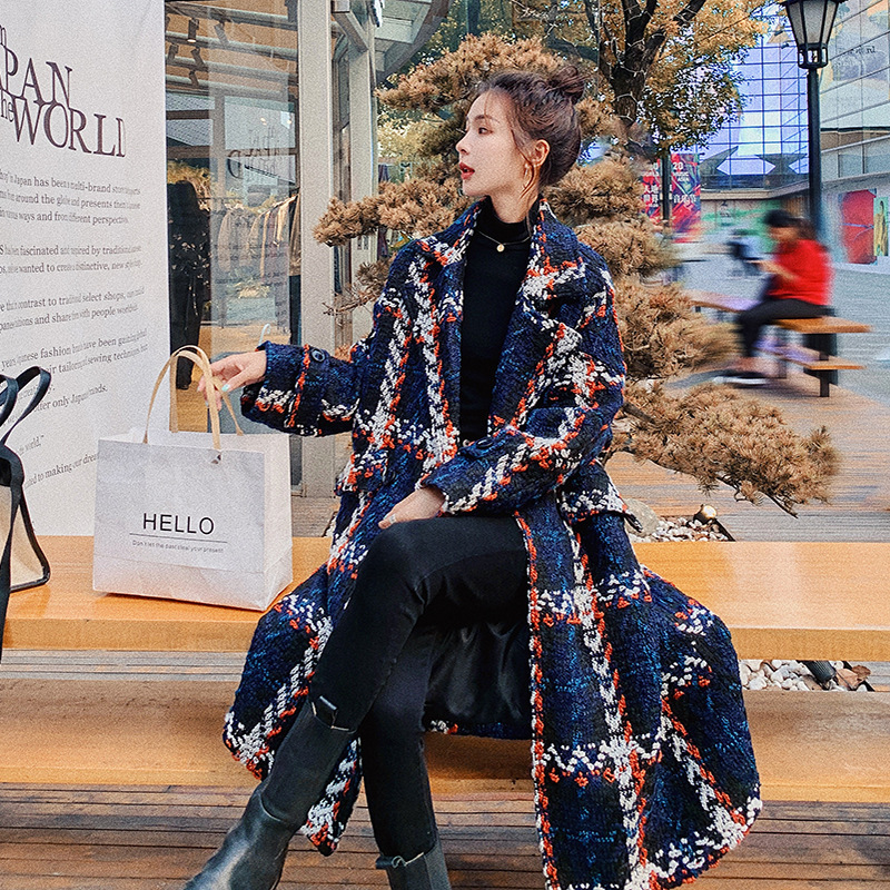 Real Shot Ins Small Style Kontrastfarbe Plaid Eleganter Anzugkragen Lockerer gerader Schlauch Mittellanger grober Wollmantel für Damen_voghion.com
