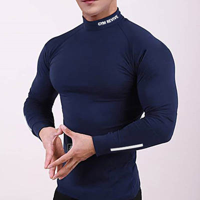 New Sports Outdoor Fitness Clothing Contrast Color Slim Fit European and American Men's Training Long Sleeve T-shirt Round Neck Breathable High Elastic