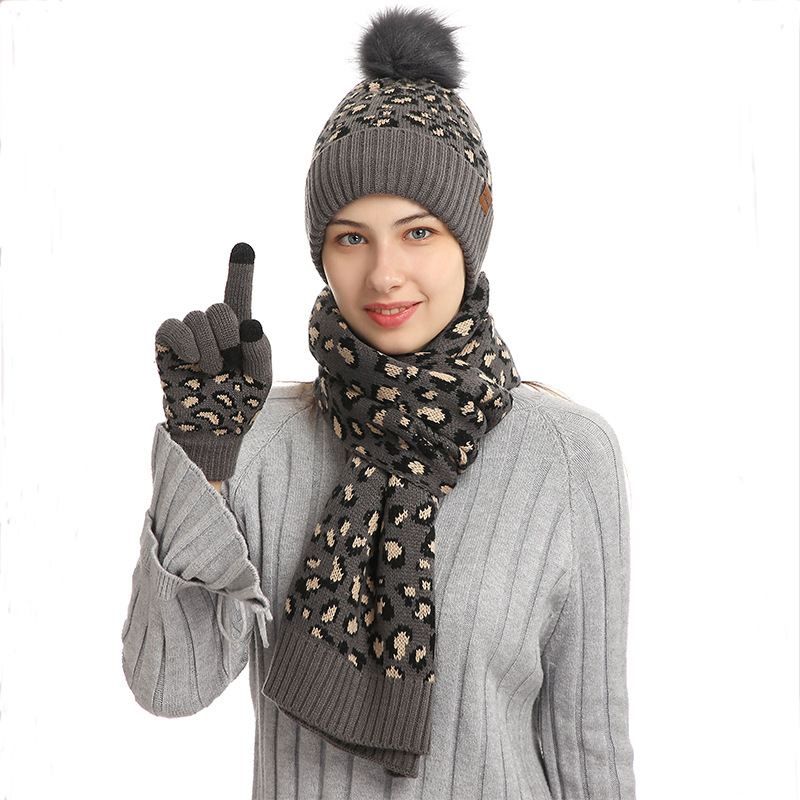European and American autumn and winter knitted hat set Amazon new women's leopard print warm wool hat scarf gloves three-piece set
