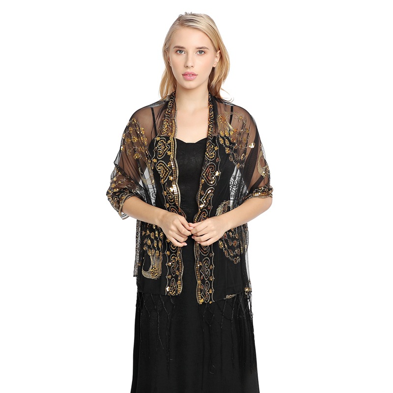 Amazon Hot Sale Sequins Shawl Peacock Embroidered Sequins Tassel Shawl Party Banquet Evening Dress Shawl