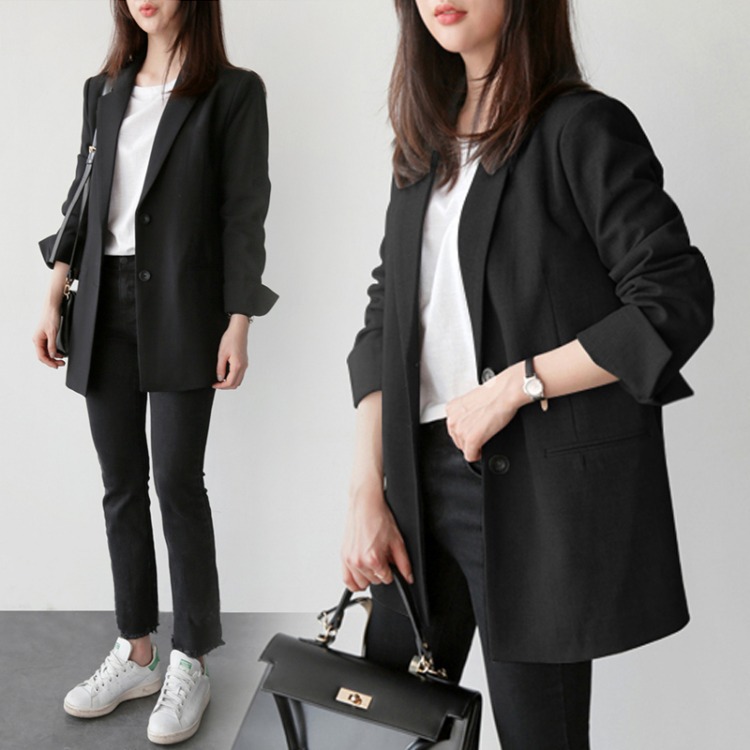 Small Suit Long Sleeve Jacket Women's 2023 Spring and Autumn New Korean Casual Loose Midi Large Size Professional Black Suit