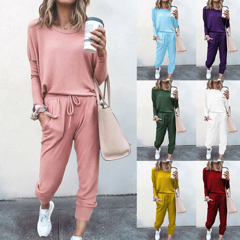 Spot Autumn and Winter New Cross-border European and American Women's Clothing Amazon Explosions Loose Solid Color Long Sleeve Casual Suit OM9126