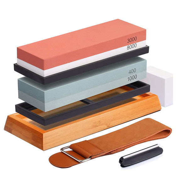 Guoyu 3000/8000 double-sided sharpening stone set White corundum kitchen sharpening double-piece oilstone set with base