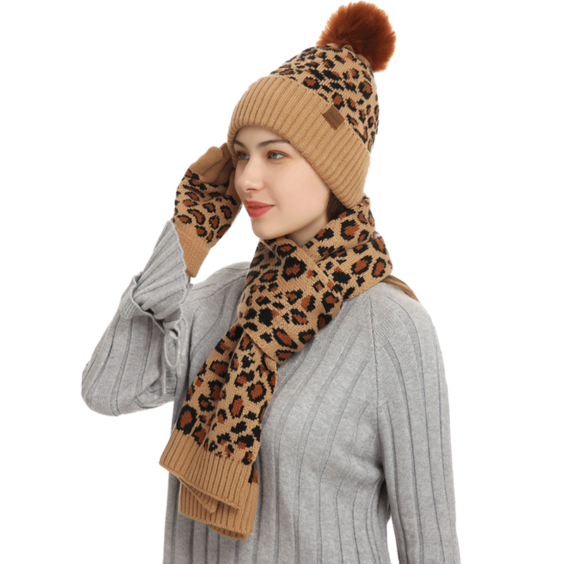 European and American autumn and winter knitted hat set Amazon new women's leopard print warm wool hat scarf gloves three-piece set