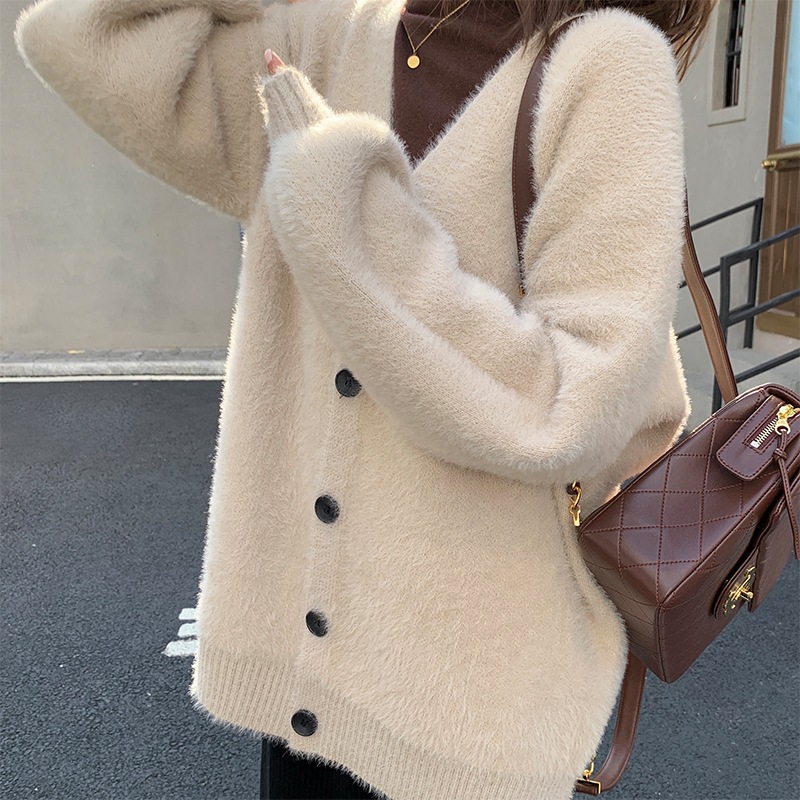 Imitation Mink Cashmere Cardigan Jacket Women's Loose Korean Style 2022 Autumn and Winter New Lazy Style Outer Wear Slimming V-neck Sweater