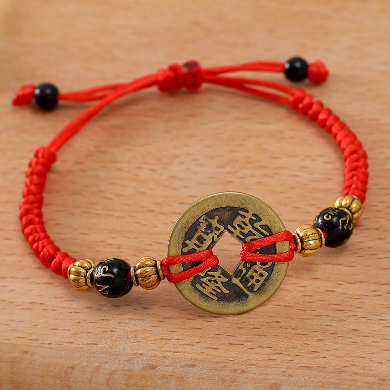 Hand-woven five Emperor money red rope bracelet pure brass five Emperor money Qianlong copper money lucky lucky bracelet