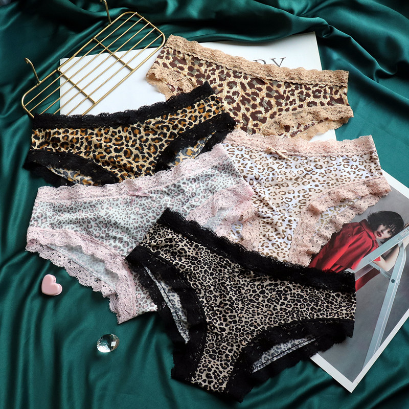 Foreign Trade European and American Seamless Silk Ice Silk Printing Women's Low Waist Leopard Print Underwear Women's Lace Women's Briefs