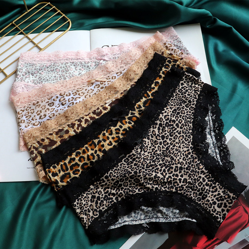 Foreign Trade European and American Seamless Silk Ice Silk Printing Women's Low Waist Leopard Print Underwear Women's Lace Women's Briefs