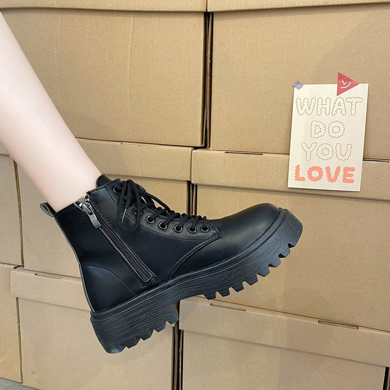 Black front lace-up Martin boots for women 2020 Summer new ins thick bottom height increasing ankle boots thin boots