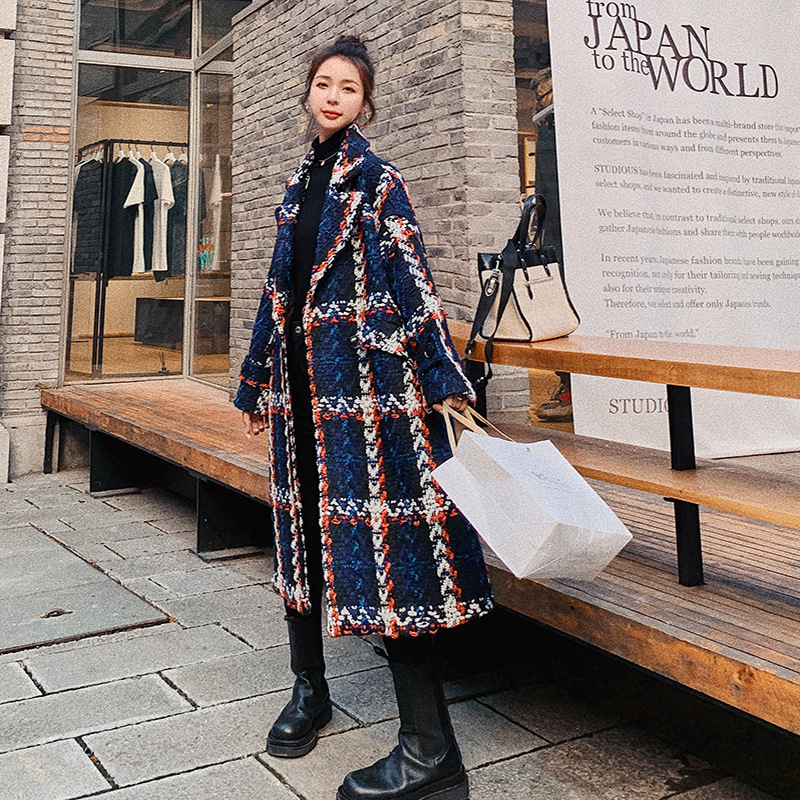 Real Shot Ins Small Style Kontrastfarbe Plaid Eleganter Anzugkragen Lockerer gerader Schlauch Mittellanger grober Wollmantel für Damen_voghion.com