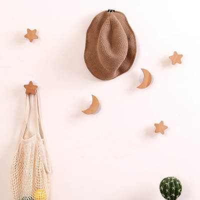 zakka Nordic Solid Wood Wall Hook Punch-Free Hallway Wall Hook Coat Hood Star Moon Creative