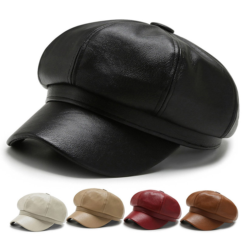 Autumn and winter new Korean style PU leather octagonal hat men's and women's all-match painter hat retro newsboy hat literary painter hat