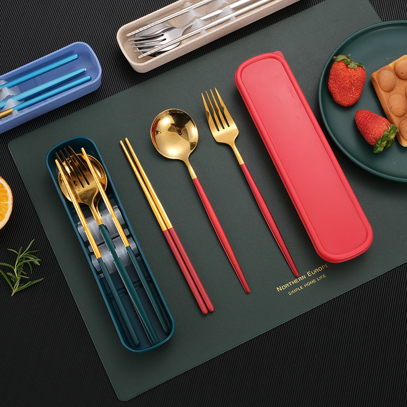 Stainless Steel Portable Tableware Three-piece Set Portuguese Creative Student Outdoor Portable Spoon Chopsticks Set