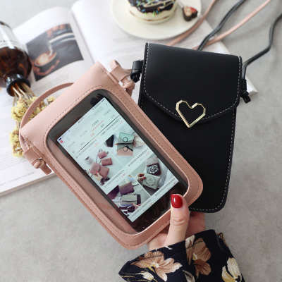 New Lock Buckle Crossbody Transparent Touch Screen Mobile Phone Bag Women's Retro Student Solid Color Buckle Wallet Card Mobile Phone