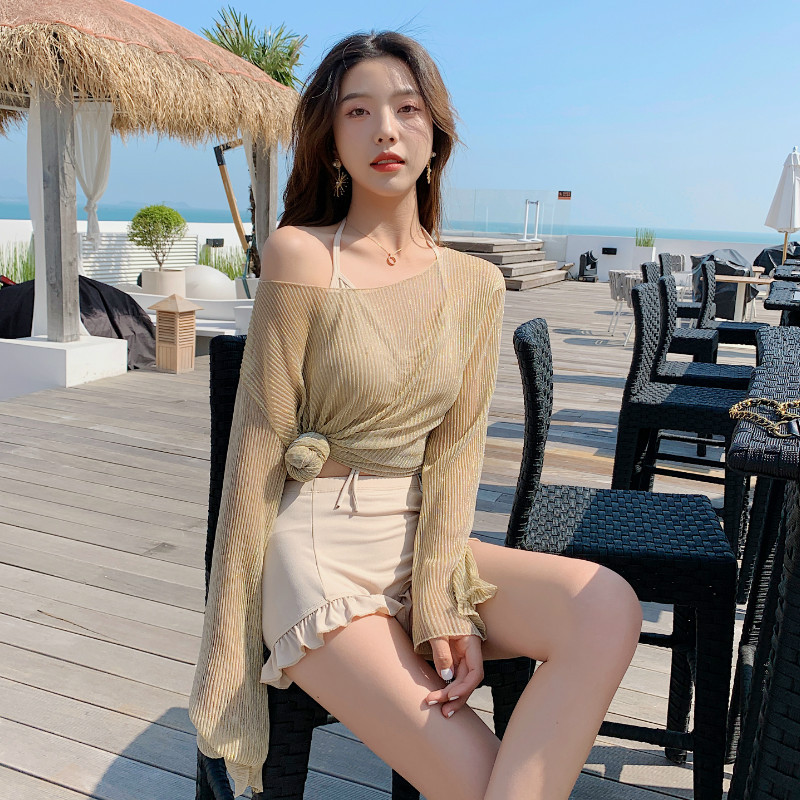 2024 Swimsuit Women's Korean-style Ins Sexy Slim Belly Covering Split Bikini Bikini Three-piece Long Sleeve Swimsuit