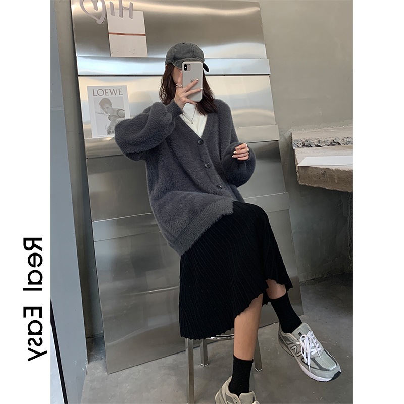 Imitation Mink Cashmere Cardigan Jacket Women's Loose Korean Style 2022 Autumn and Winter New Lazy Style Outer Wear Slimming V-neck Sweater