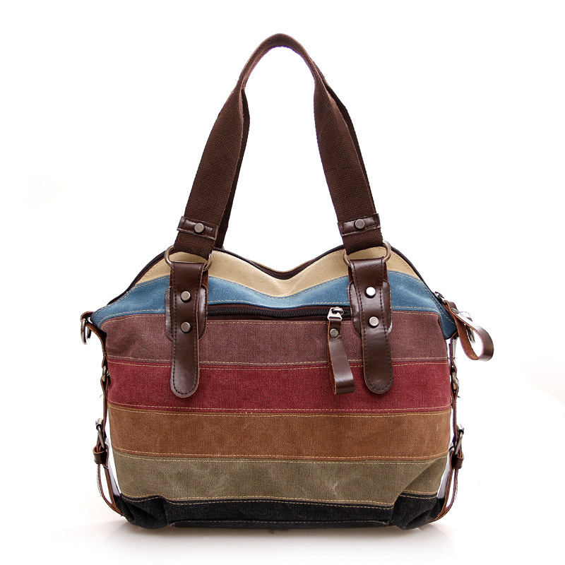 Factory Direct canvas bag European and American fashion rainbow striped canvas bag fashion stitching women's bag washed cloth bag