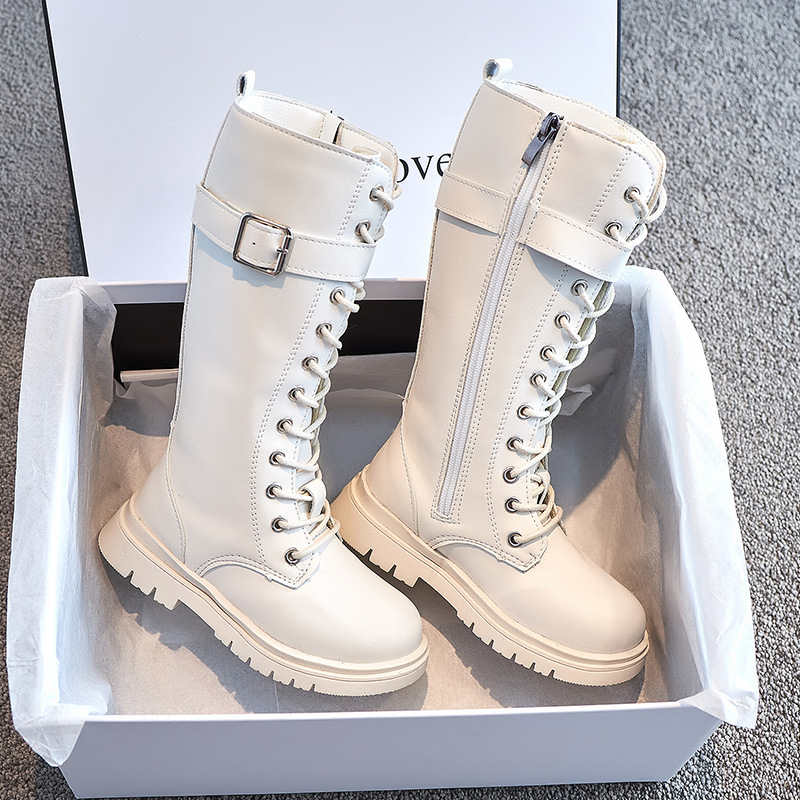 Genuine Microfiber Girl's Boots Fleece-lined Girl's Leather Winter New Style Middle and Large Children's Long Barrel Martin Boots Children's High Boots