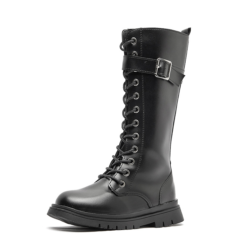 Genuine Microfiber Girl's Boots Fleece-lined Girl's Leather Winter New Style Middle and Large Children's Long Barrel Martin Boots Children's High Boots