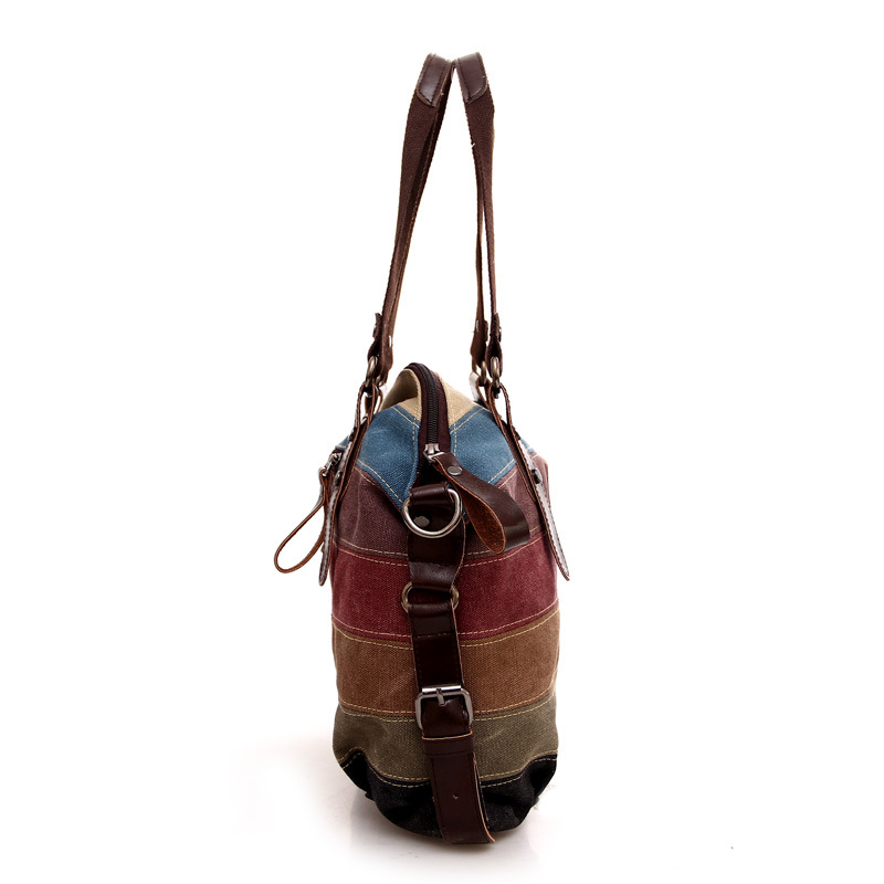 Factory Direct canvas bag European and American fashion rainbow striped canvas bag fashion stitching women's bag washed cloth bag