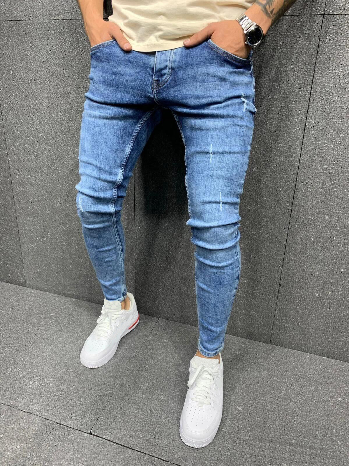 Foreign Trade High Quality Men's Abraded Leg Stretch jeans Amazon Skinny jeans Men jeans