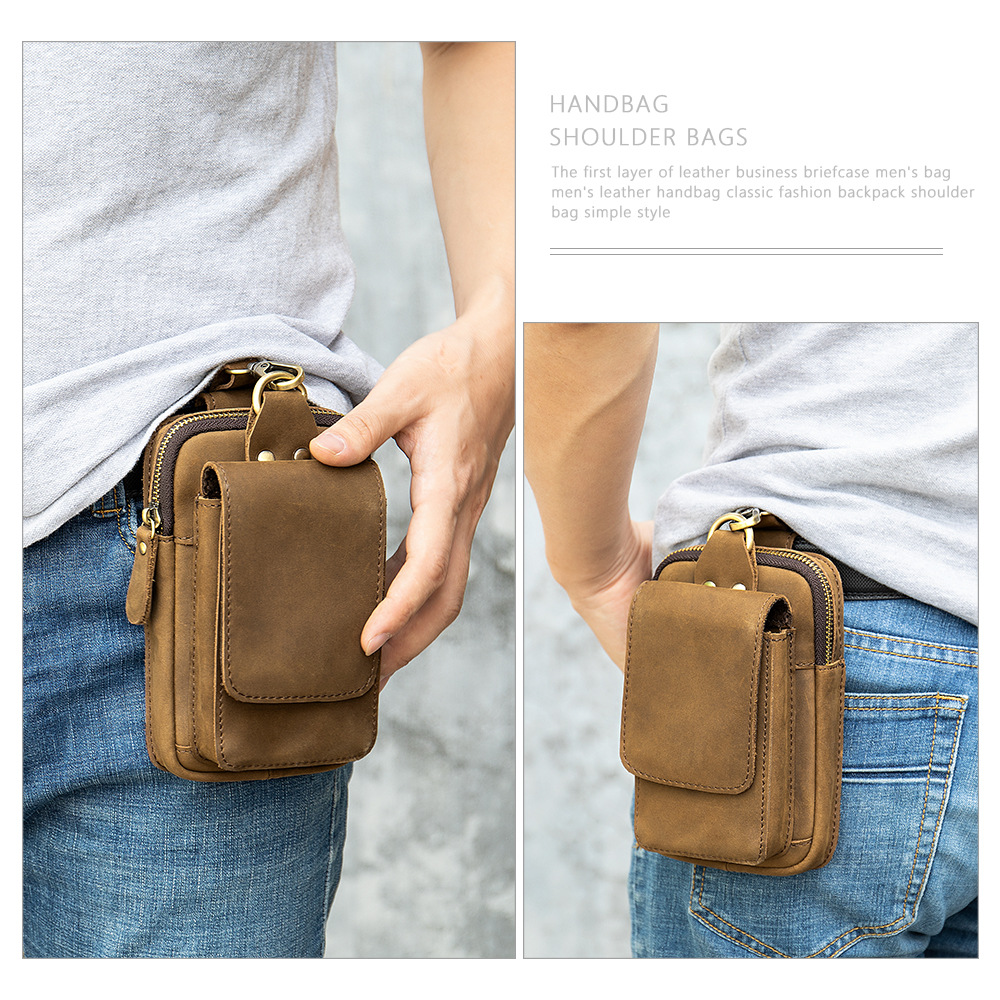 Retro Waist Bag Top Layer Cowhide Belt Bag Men's Work Site Wear Belt Vertical Genuine Leather Multifunctional Mobile Phone Bag