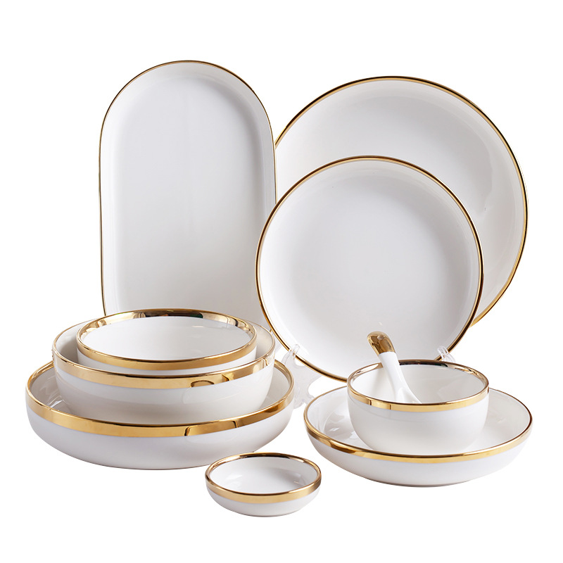 Nordic ins Light Luxury Dishes and Dishes Net Popular Household Dining Bowl Ceramic Tableware Electroplated Gold Dish Dishes and Dishes Set