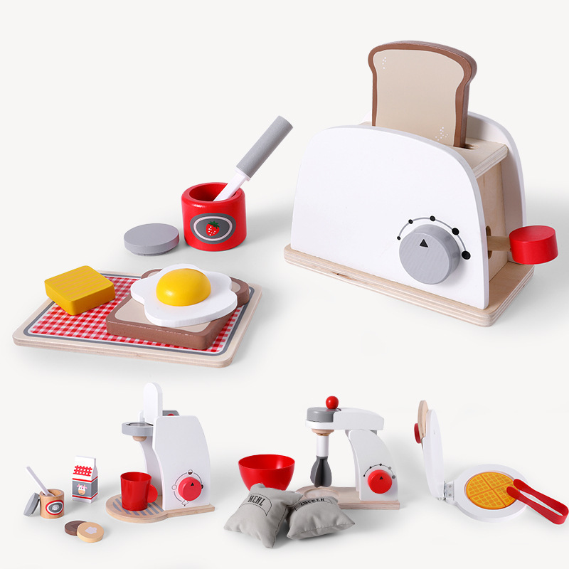 Wooden children play house kitchen toys suit wooden simulation tableware waffle toaster boys and girls