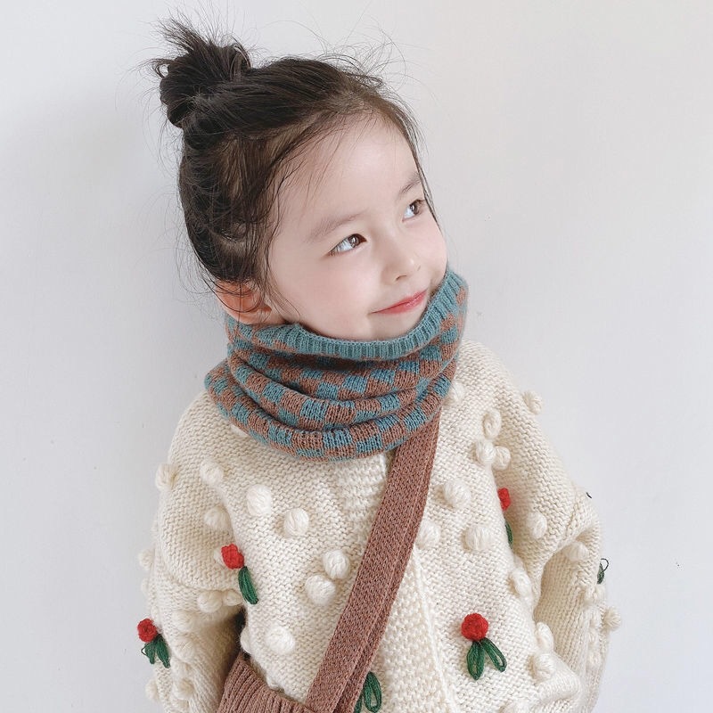 Children's Scarf Korean Style for Boys and Girls Autumn and Winter Baby Scarf Thickened Warm Student Plaid Knitted Wool Neck Set Fashionable