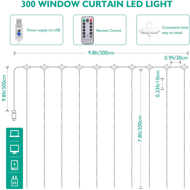 Amazon direct supply usb remote control 8 function 3*3 m curtain light led ice strip light star decorative colored light Wholesale