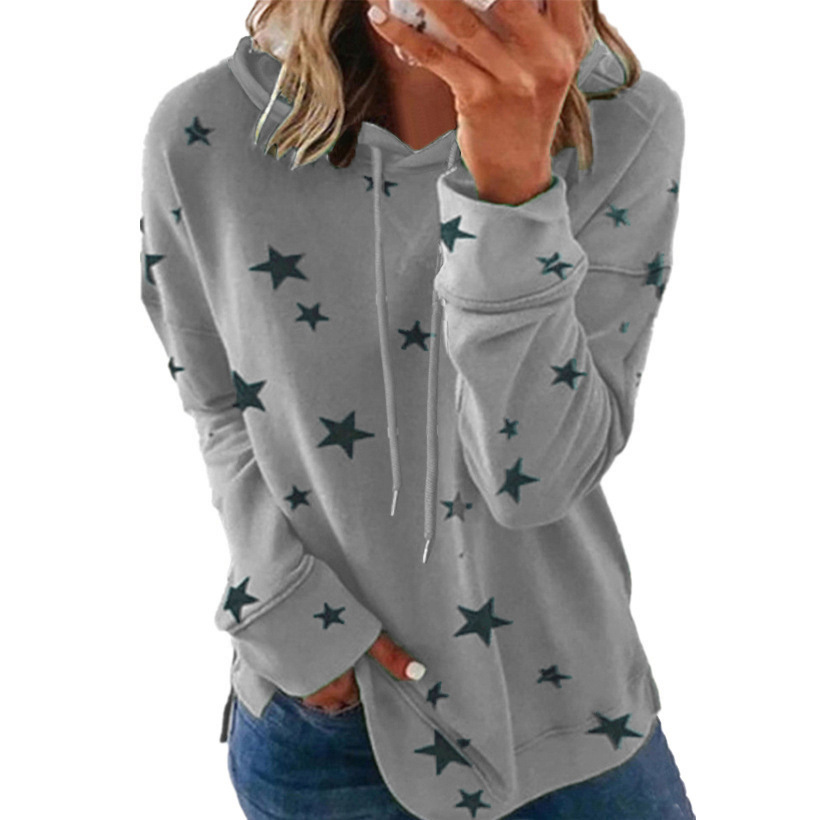 2021 Amazon wish Cross-border European and American Women's Top Autumn and Winter New Star Printed Loose Hooded Women's Sweater