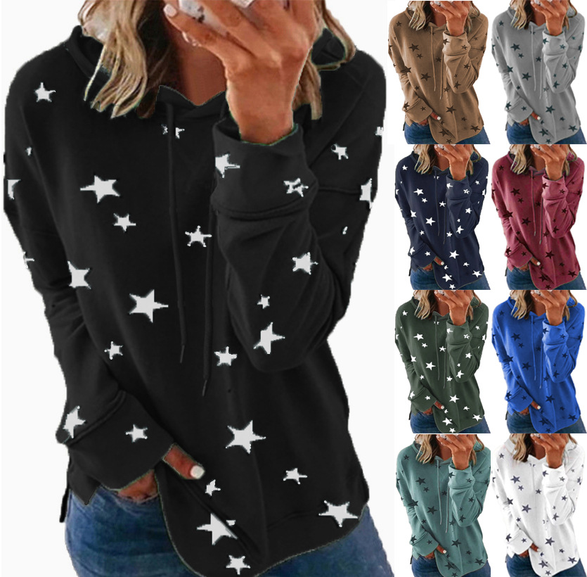 2021 Amazon wish Cross-border European and American Women's Top Autumn and Winter New Star Printed Loose Hooded Women's Sweater