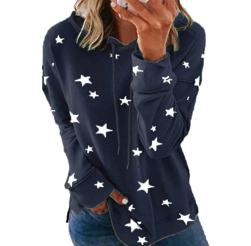 2021 Amazon wish Cross-border European and American Women's Top Autumn and Winter New Star Printed Loose Hooded Women's Sweater
