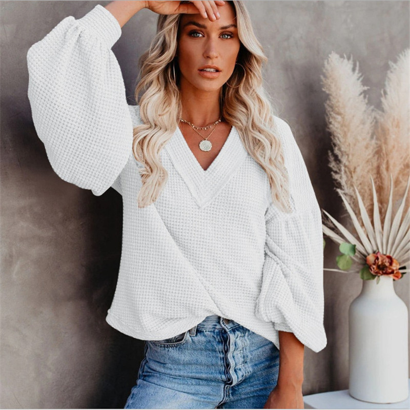 2023 autumn and winter new Amazon new European and American fashion women's loose V-neck sweater lantern sleeve top