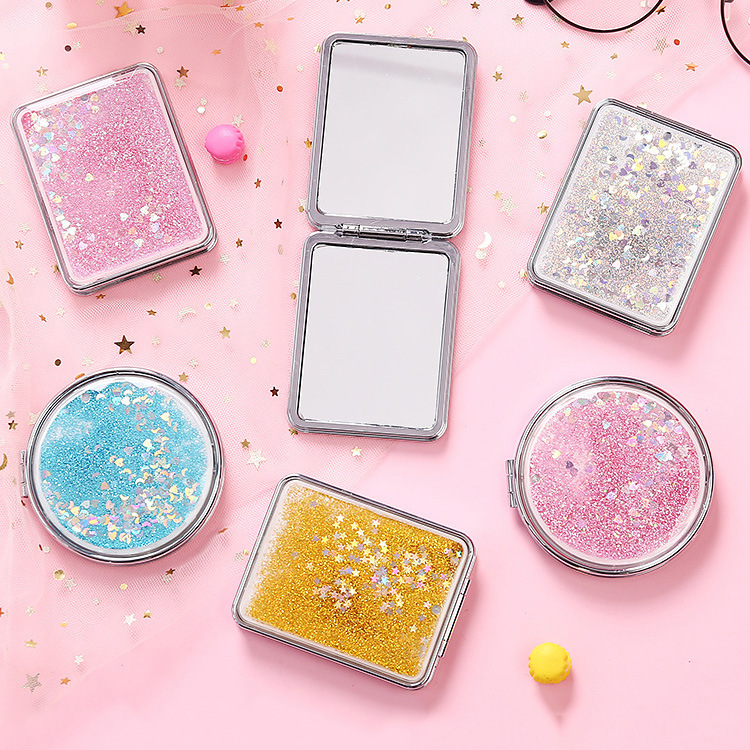 Girl Heart Student quicksand double-sided magnifying mirror cute hand-held small portable portable flip folding makeup mirror