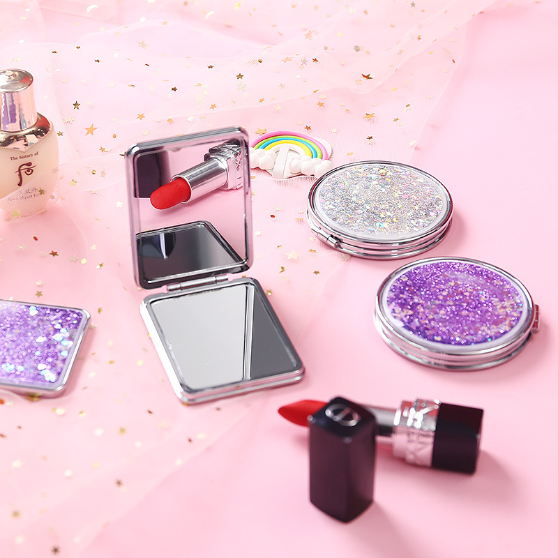 Girl Heart Student quicksand double-sided magnifying mirror cute hand-held small portable portable flip folding makeup mirror