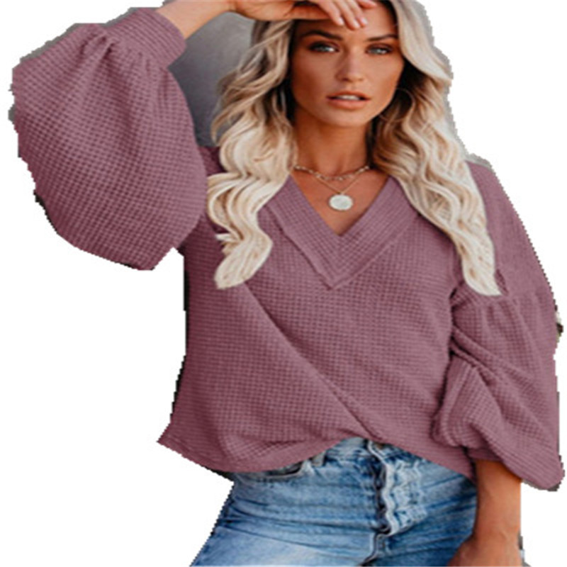 2023 autumn and winter new Amazon new European and American fashion women's loose V-neck sweater lantern sleeve top