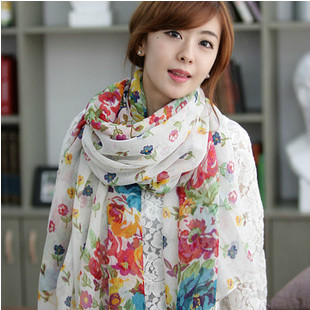 Korean spring and summer women's pastoral floral scarf sunscreen gauze with flowers blooming Bali yarn scarf wholesale