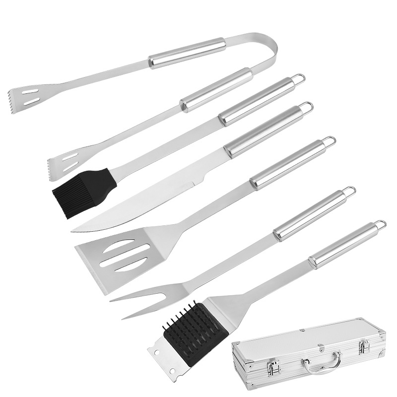 Small tube handle aluminum box grill suit multi-combination BBQ outdoor barbecue tools suit stainless steel handle barbecue utensils