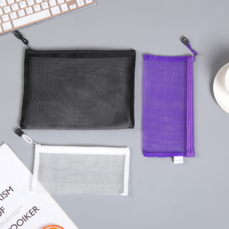 Simple Solid Color Mesh Bag Travel Cosmetic Bag Examination Pencil Bag Wash Bag Transparent Zipper Bag Chain Pencil Case