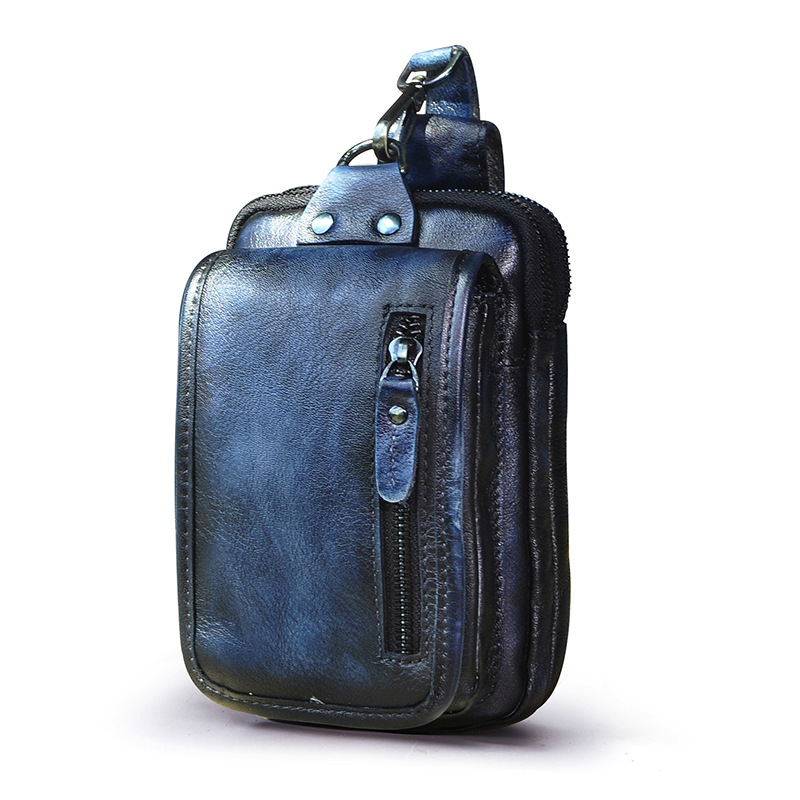 Top layer Crazy Horse leather cowhide foreign trade Men's cool mobile phone camera outdoor 6-inch small waist bag with hook 1609-2