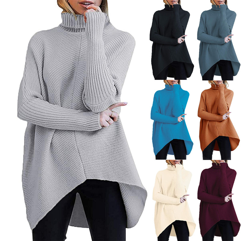 Cross-border Amazon Europe and the United States for Autumn and Winter Foreign Trade Women's Irregular Hem Turtleneck Pullover Long Sleeve Knitted Sweater for Women
