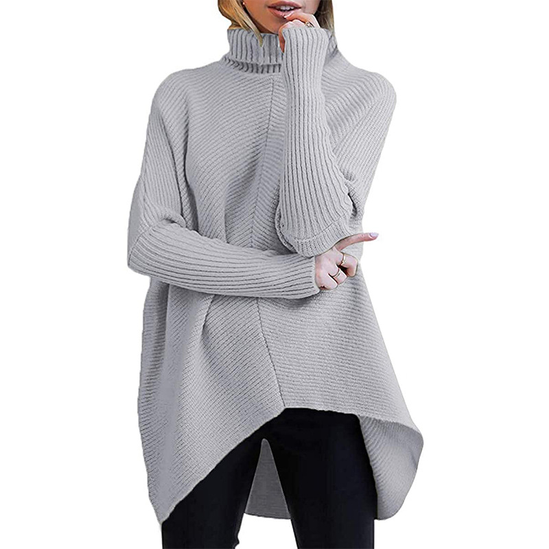 Cross-border Amazon Europe and the United States for Autumn and Winter Foreign Trade Women's Irregular Hem Turtleneck Pullover Long Sleeve Knitted Sweater for Women