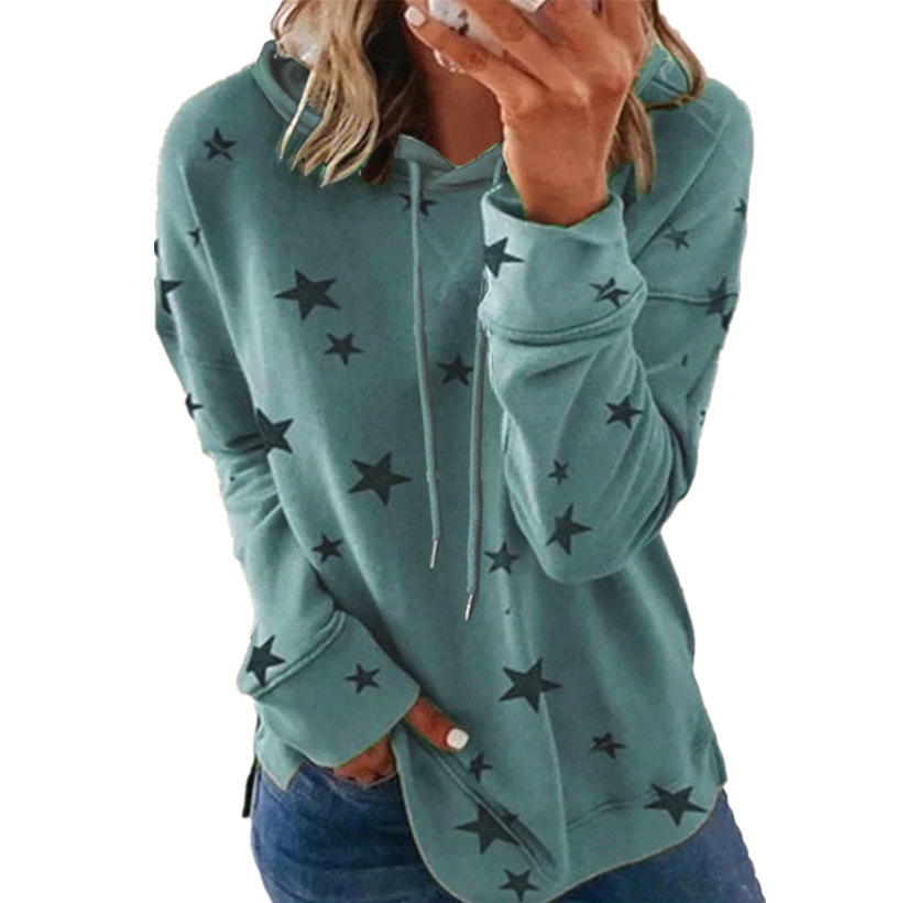 2021 Amazon wish Cross-border European and American Women's Top Autumn and Winter New Star Printed Loose Hooded Women's Sweater