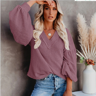 2023 autumn and winter new Amazon new European and American fashion women's loose V-neck sweater lantern sleeve top