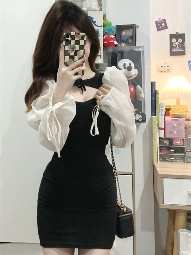 French Style Hepburn Style Hot Girl Autumn Design Chic Hollow Sexy Tight Waist Hip Skirt Black dress Women