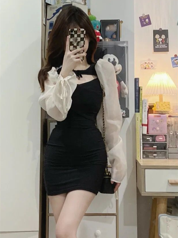 French Style Hepburn Style Hot Girl Autumn Design Chic Hollow Sexy Tight Waist Hip Skirt Black dress Women