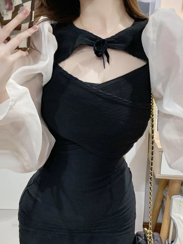 French Style Hepburn Style Hot Girl Autumn Design Chic Hollow Sexy Tight Waist Hip Skirt Black dress Women